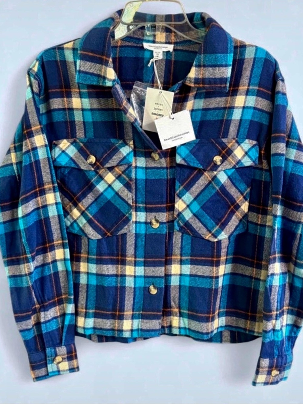 NWT beachlunchlounge Plaid Button-Up “Ella”  Jacket - Blue/Teal/Orange - Size XS